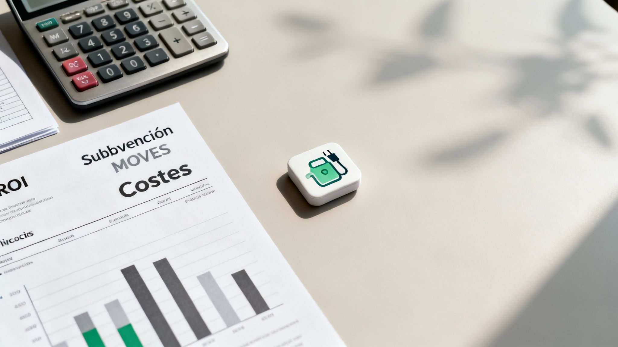 Escritorio con calculadora y documentos sobre subvenciones y costes de coches eléctricos, con un icono de cargador.