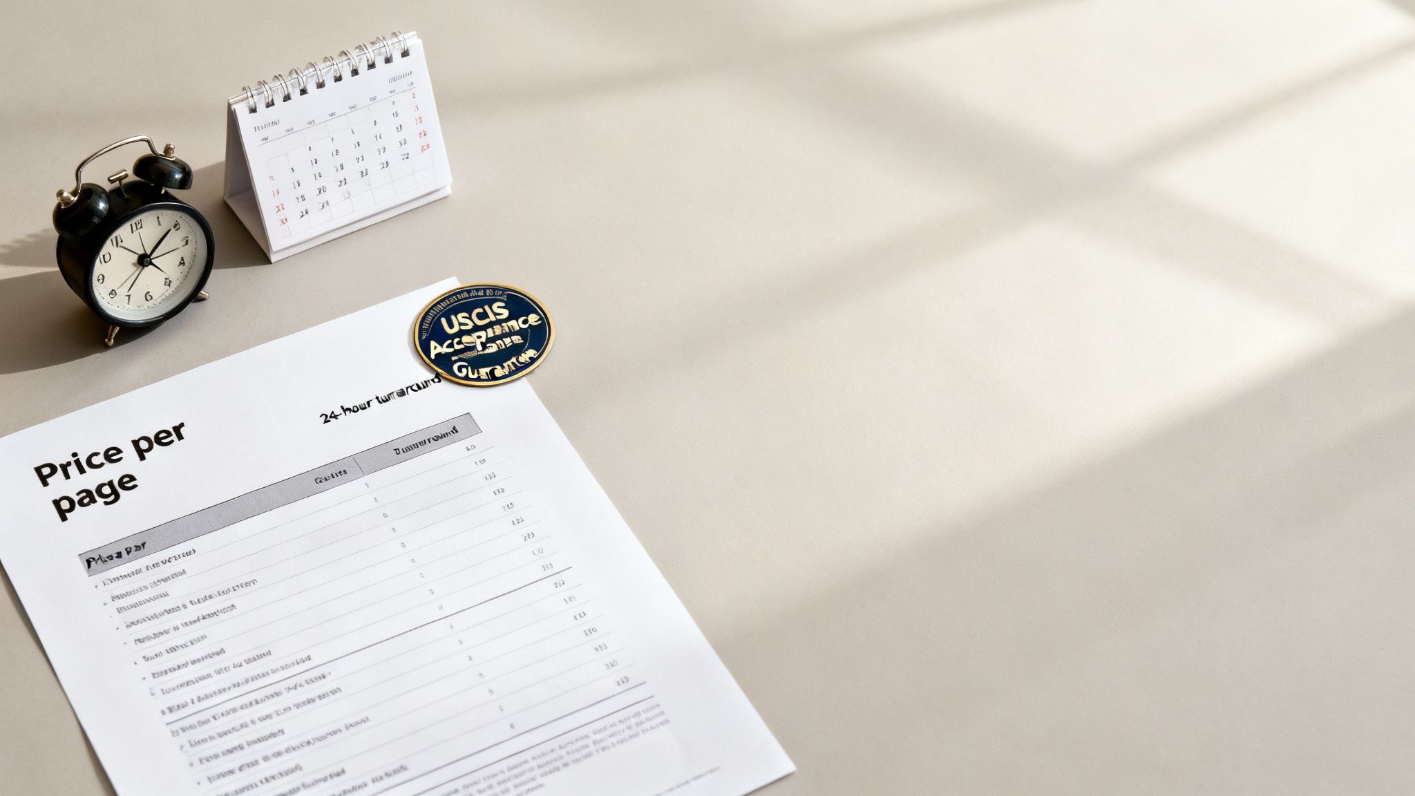 A document detailing 'Price per page' for translation services, with an alarm clock, calendar, and USCIS badge.