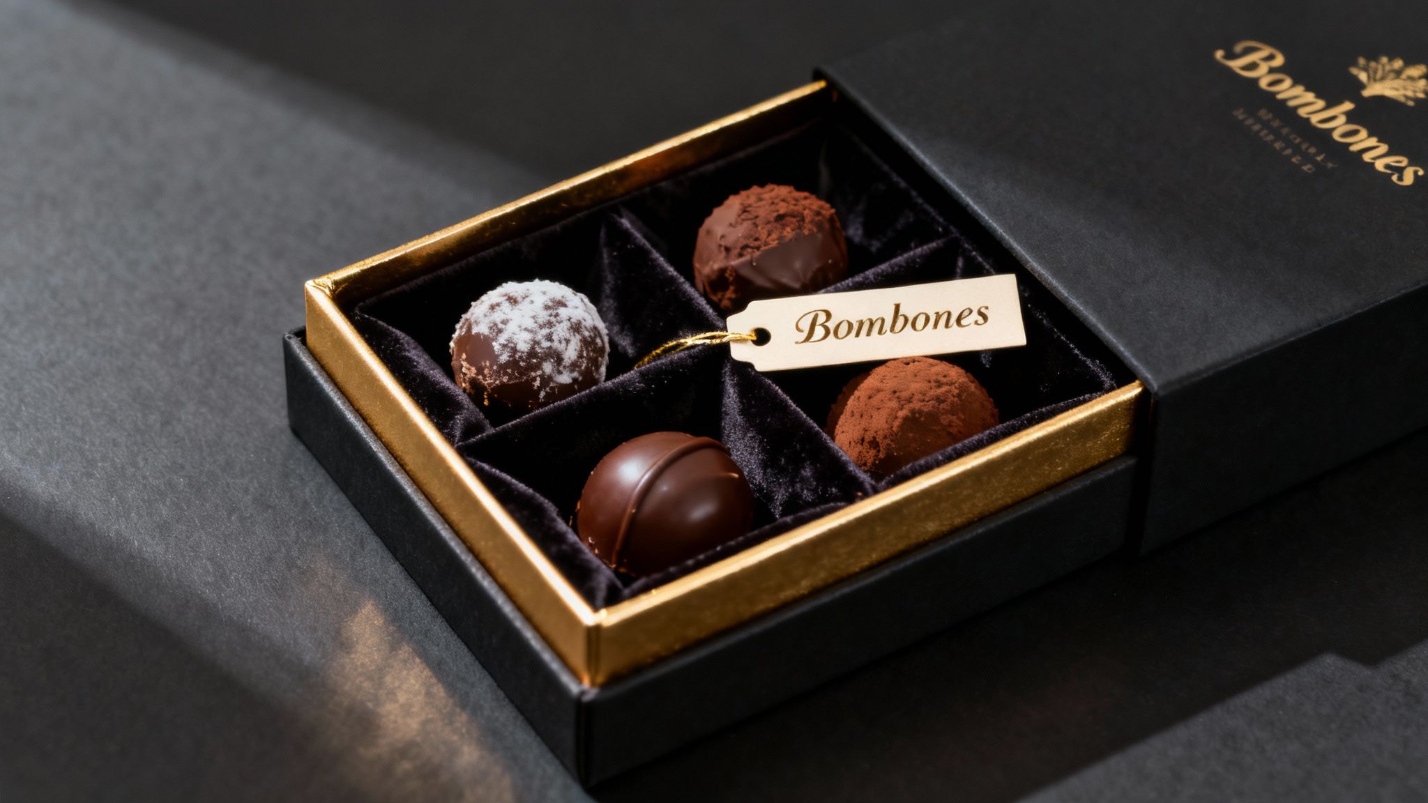 Caja negra abierta con bordes dorados, revelando cuatro bombones de chocolate variados: trufas con azúcar glas, cacao, virutas de chocolate y chocolate liso, con una etiqueta que dice 'Bombones'.