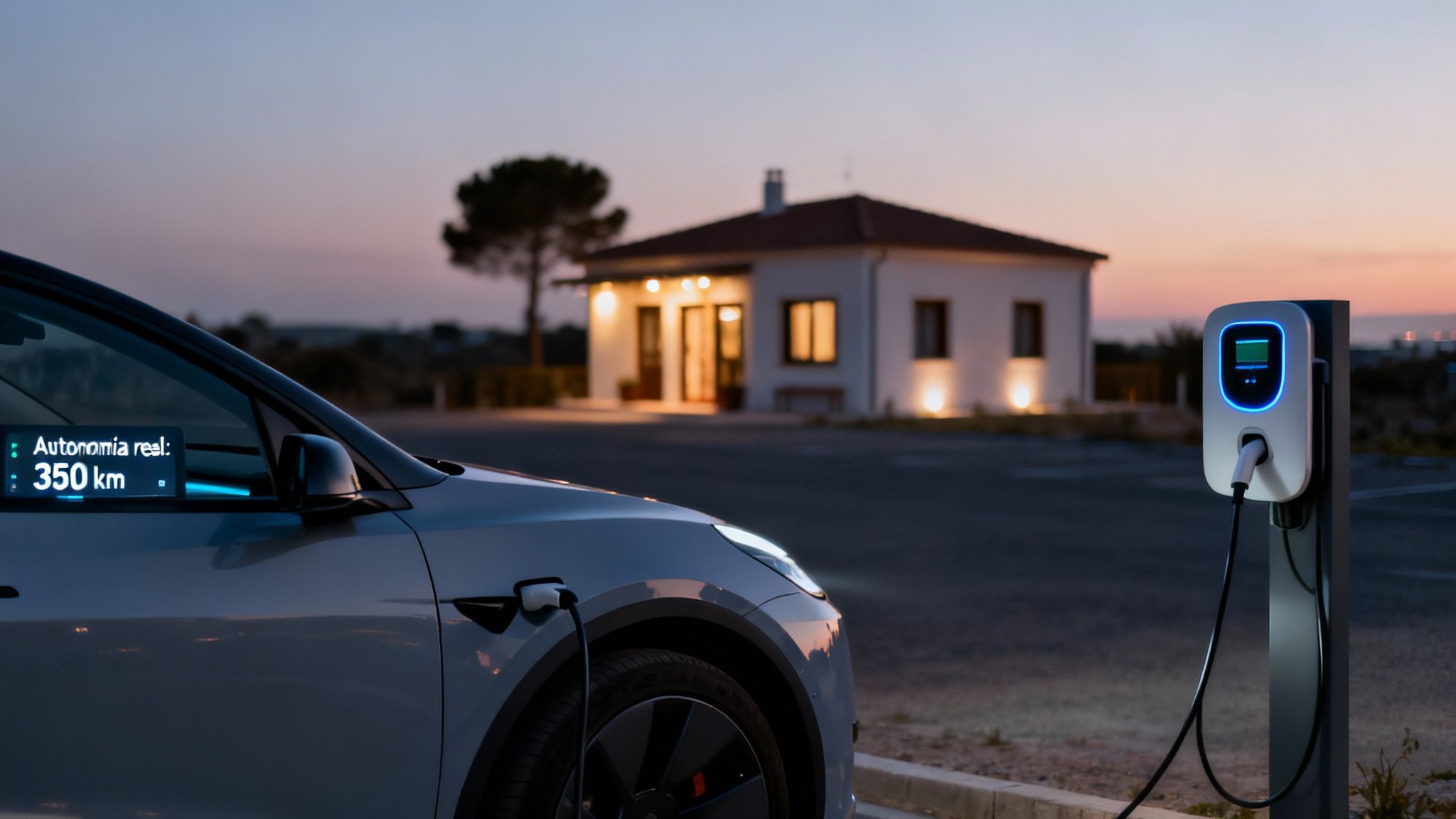 Coche eléctrico gris cargando al anochecer, mostrando una autonomía de 350 km, con una casa iluminada al fondo.