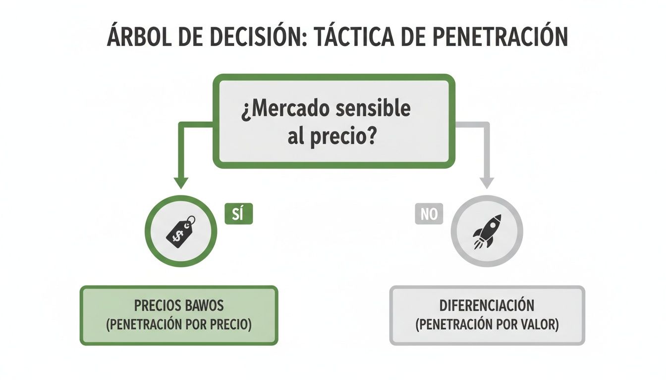 Árbol de decisión sobre tácticas de penetración de mercado: ¿es el mercado sensible al precio? Si sí, precios bajos; si no, diferenciación por valor.