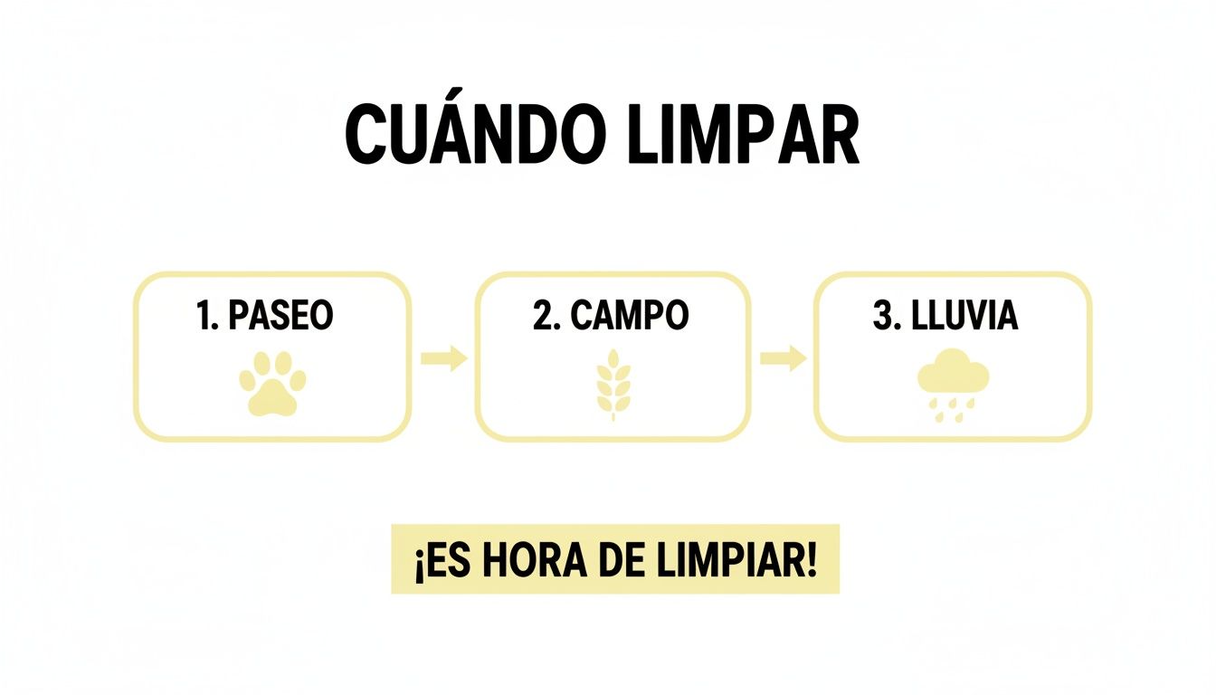 Diagrama visual que muestra cuándo limpiar las patas de un perro: después de pasear, ir al campo o la lluvia. Es hora de limpiar.