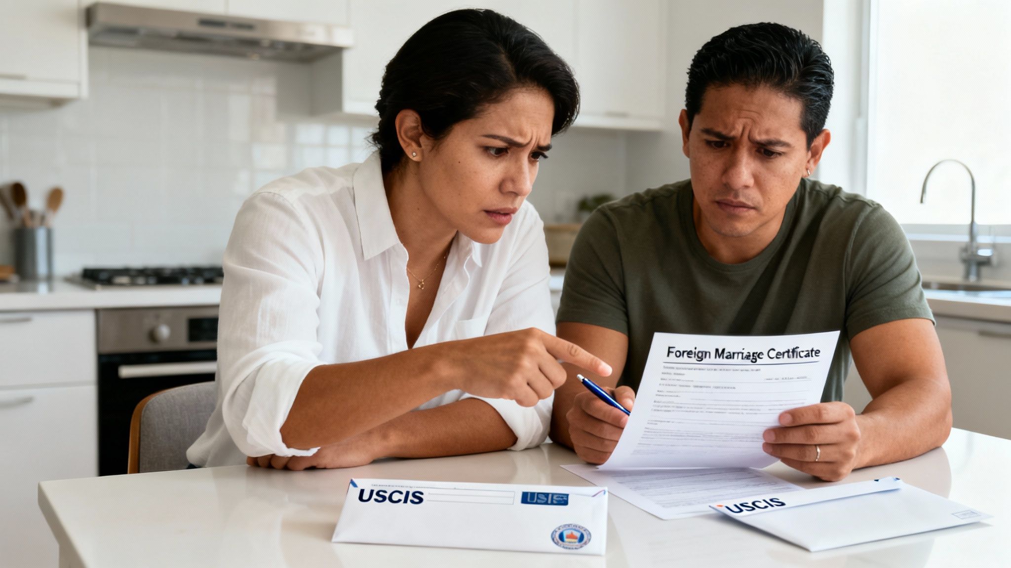 A confused couple reviews a Foreign Marriage Certificate and USCIS documents in a modern kitchen.