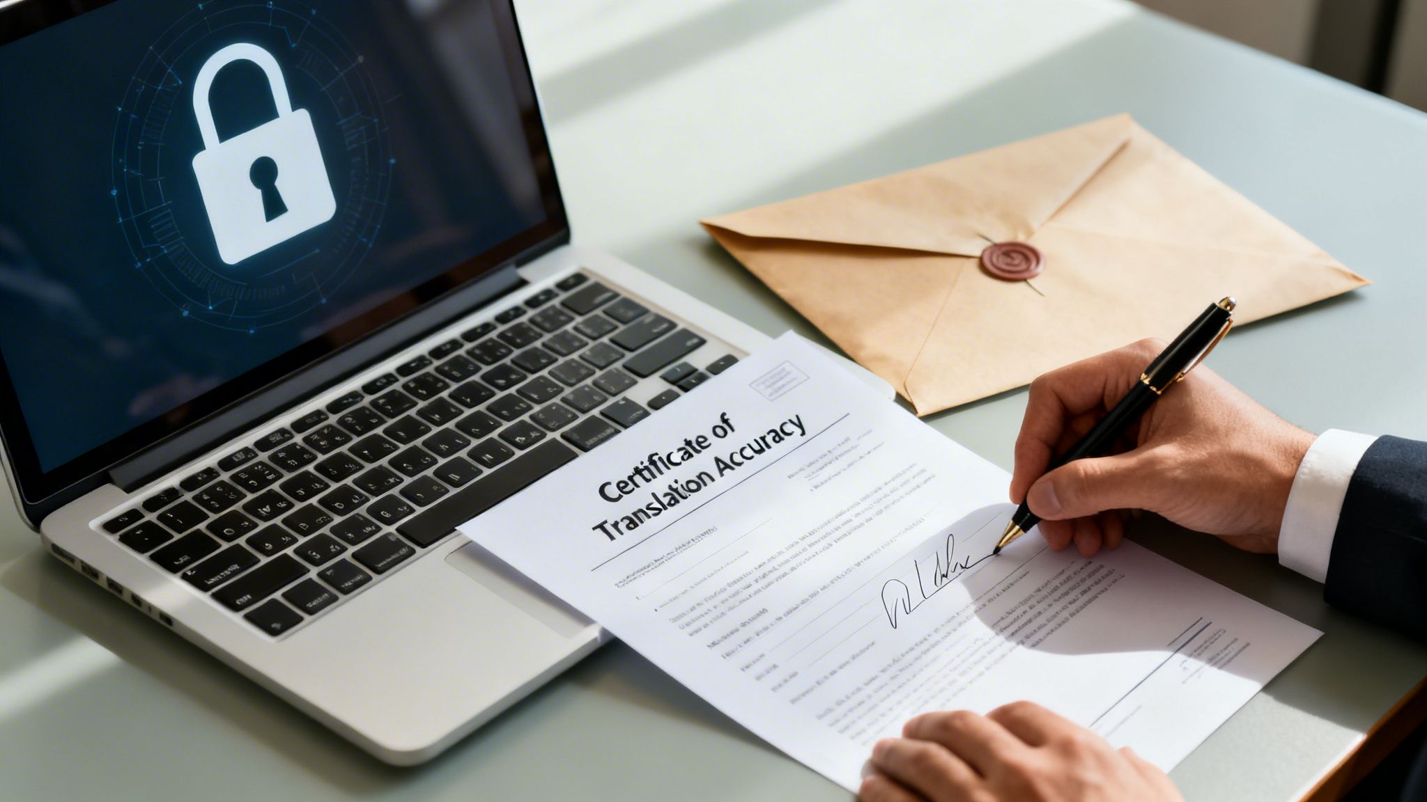 A person signs a 'Certificate of Translation Accuracy' document on a desk with a laptop and envelope.