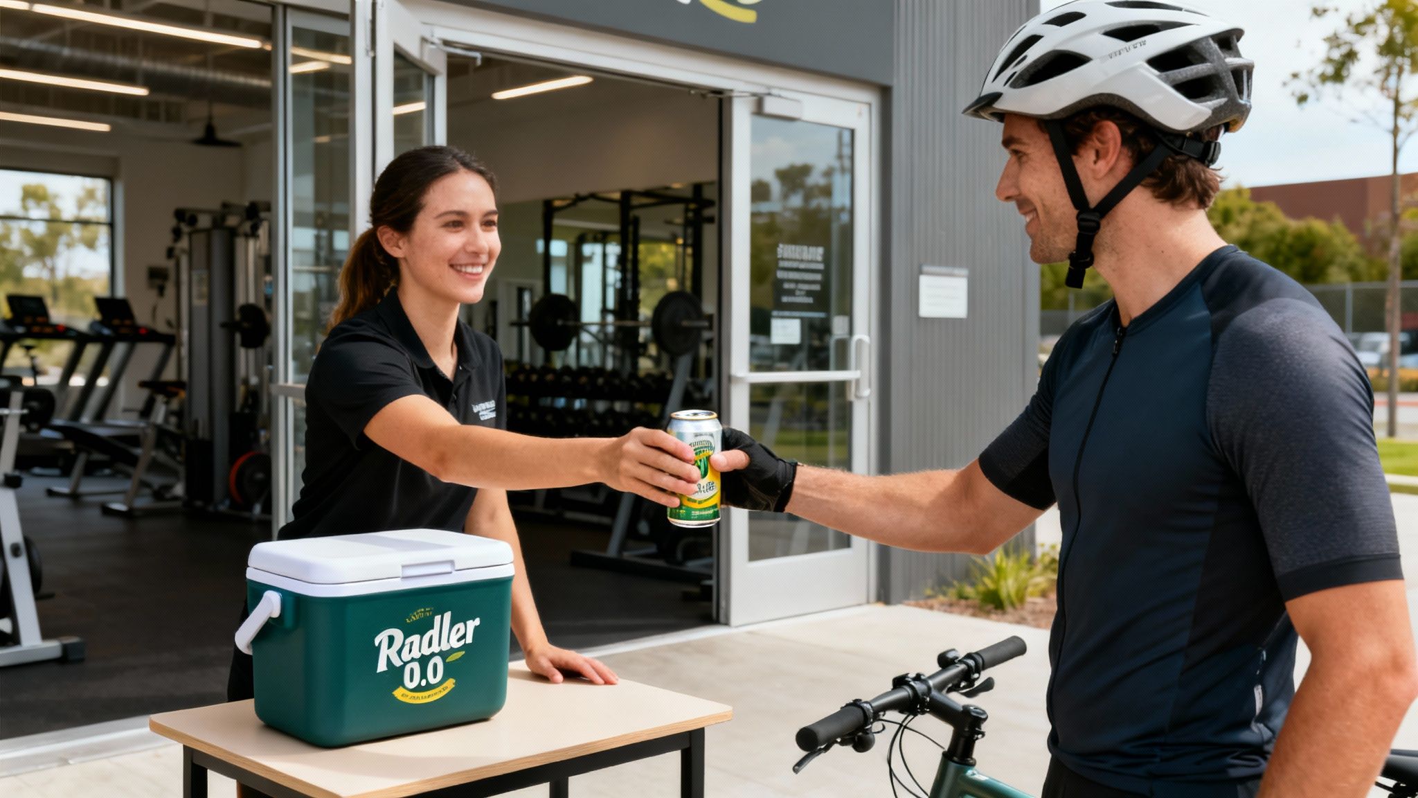 Una mujer sonriente le ofrece una lata de Radler 0.0 a un ciclista afuera de un gimnasio.