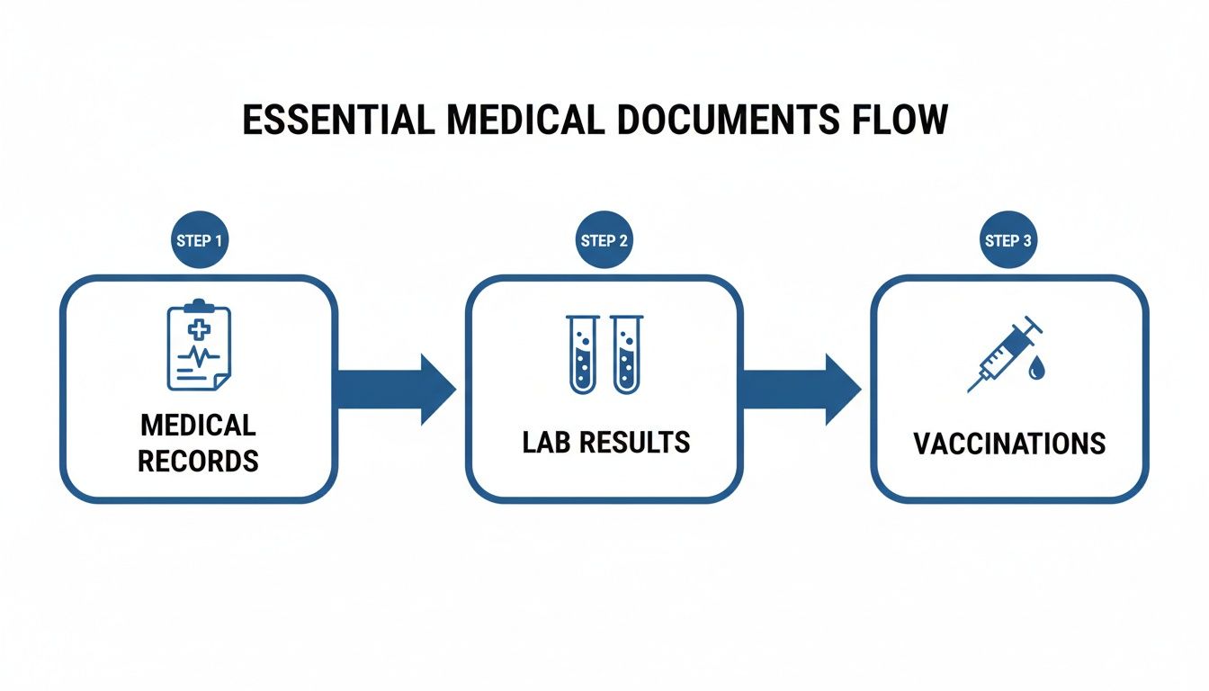 A flowchart illustrates the essential medical documents flow, from medical records to lab results and vaccinations.