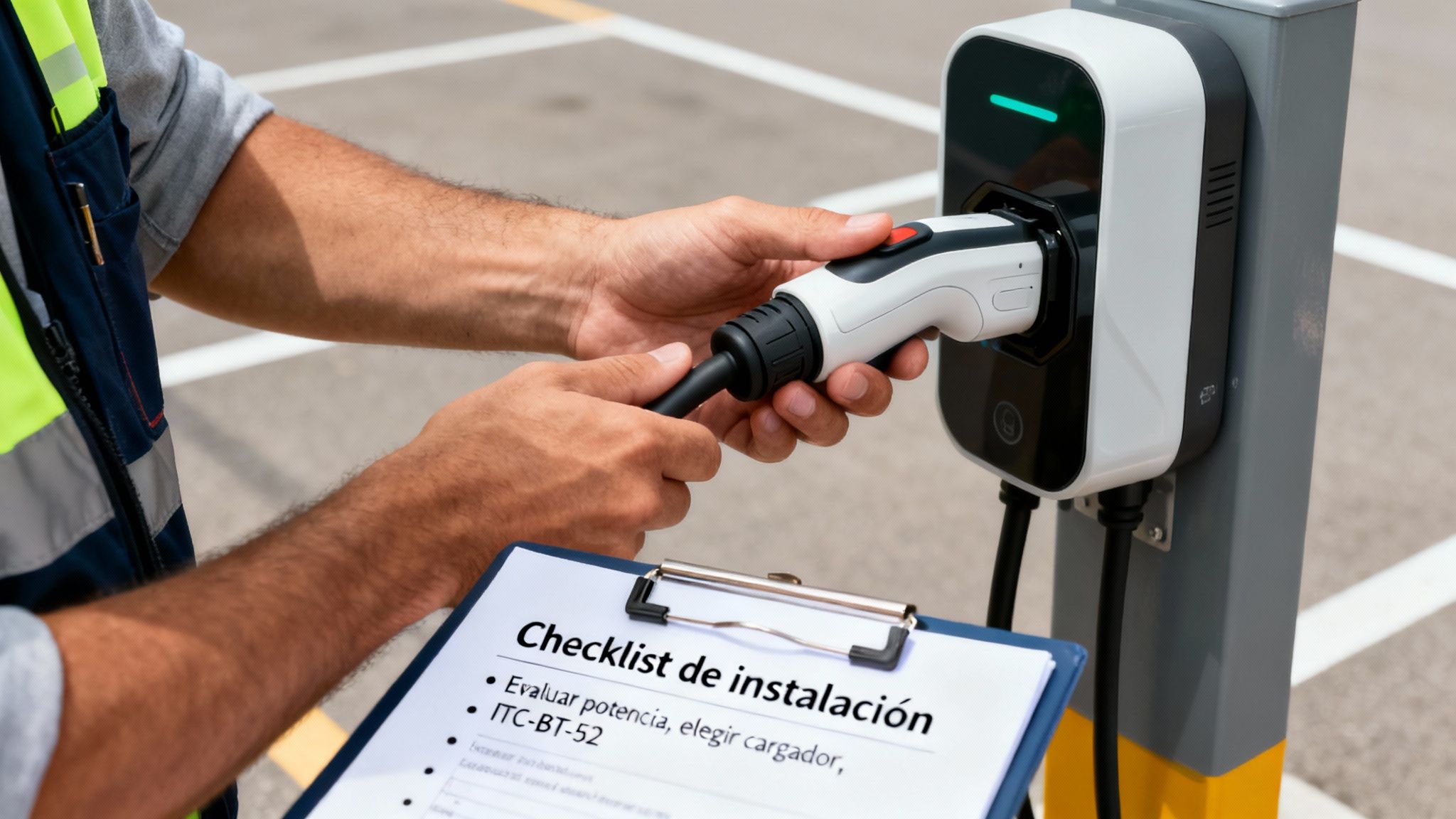 Técnico con chaleco de seguridad conectando un cargador de vehículo eléctrico y revisando una checklist de instalación.