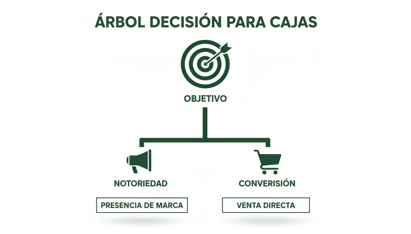 Árbol de decisión para cajas con objetivo, notoriedad, conversión, presencia de marca y venta directa.