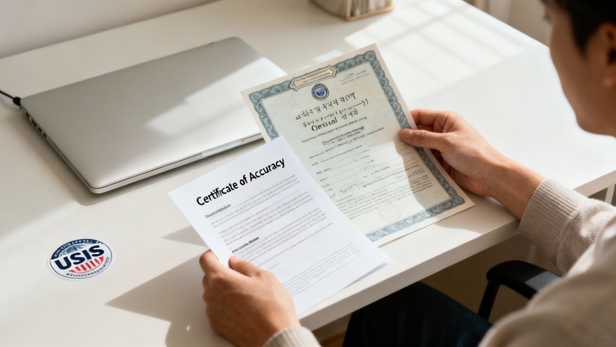 A person reviews a 'Certificate of Accuracy' and a foreign language document on a desk with a laptop.