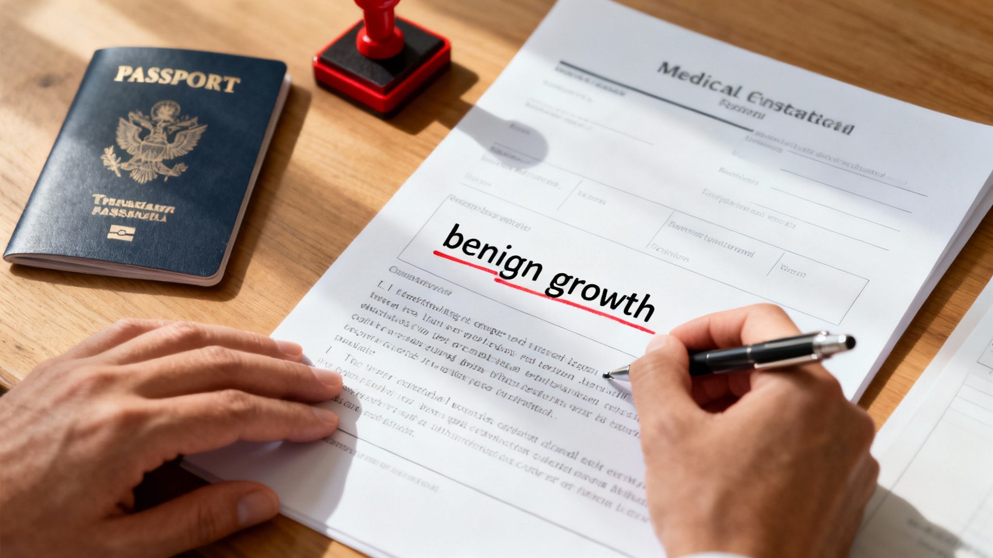 A person's hands with a pen reviewing a medical document showing 'benign growth', a passport, and a stamp.