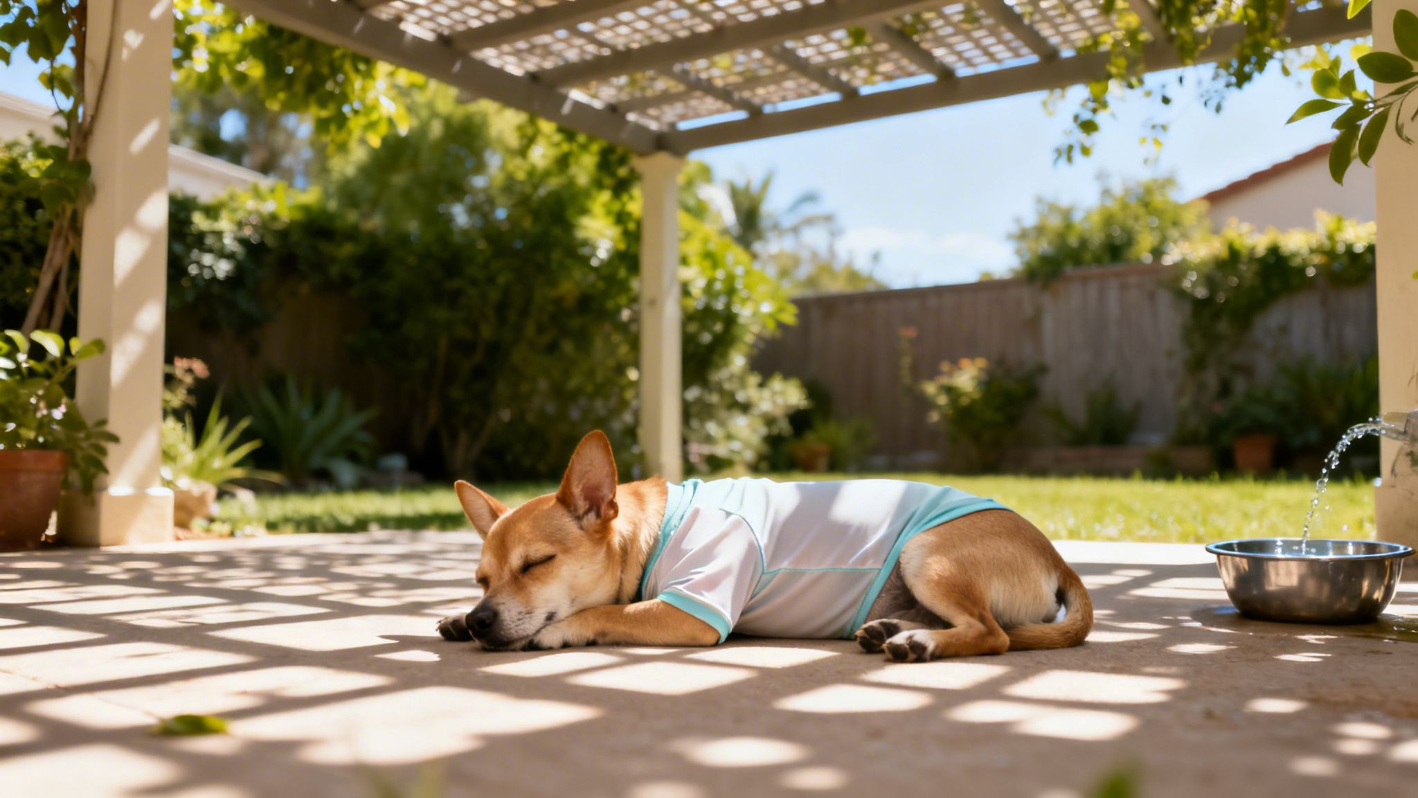 Un perro pequeño con camiseta protectora duerme tranquilamente bajo una pérgola con sombra y un bebedero de agua.