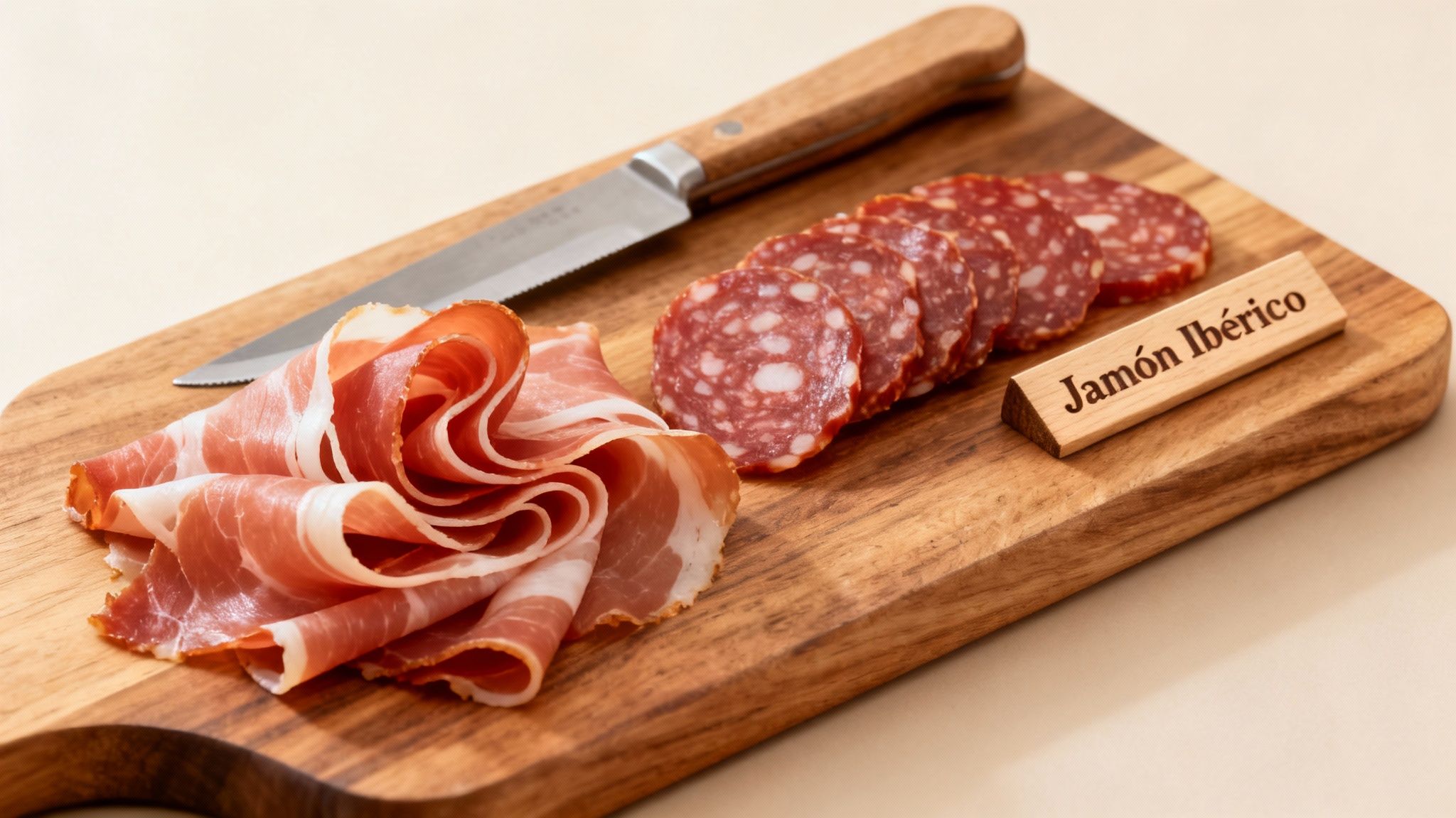 Tabla de madera con jamón ibérico en lonchas, chorizo y un cuchillo, ideal para compartir.