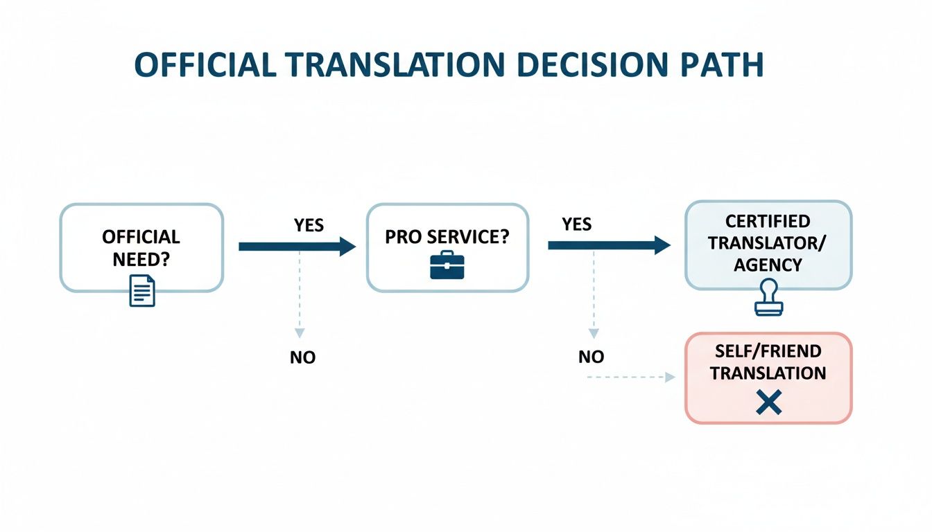 Flowchart illustrating the decision path for official translation, from identifying the need to choosing a certified translator.