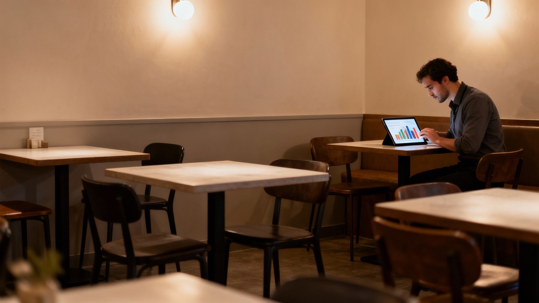 Un hombre enfocado trabaja en una tablet con gráficos de datos en una cafetería moderna.