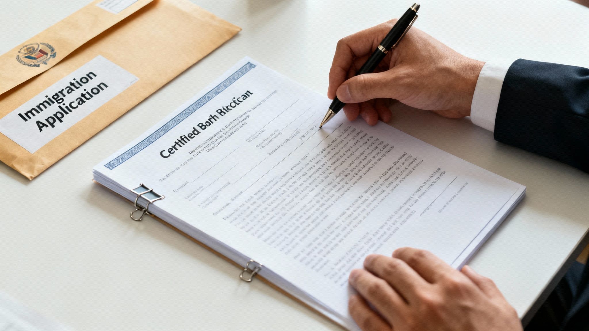 Person's hands writing on a Certified Birth document next to an Immigration Application envelope.