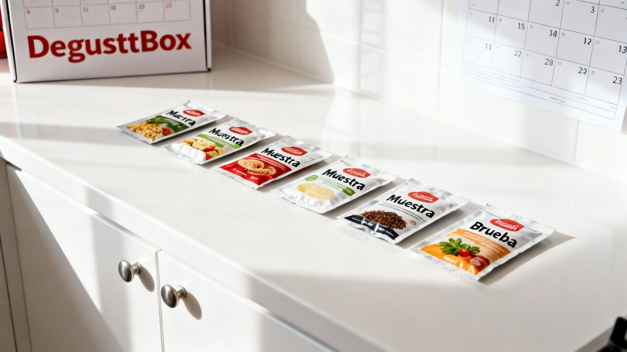 Siete muestras de alimentos envasados en un mostrador blanco, con una caja DegusttBox y un calendario.