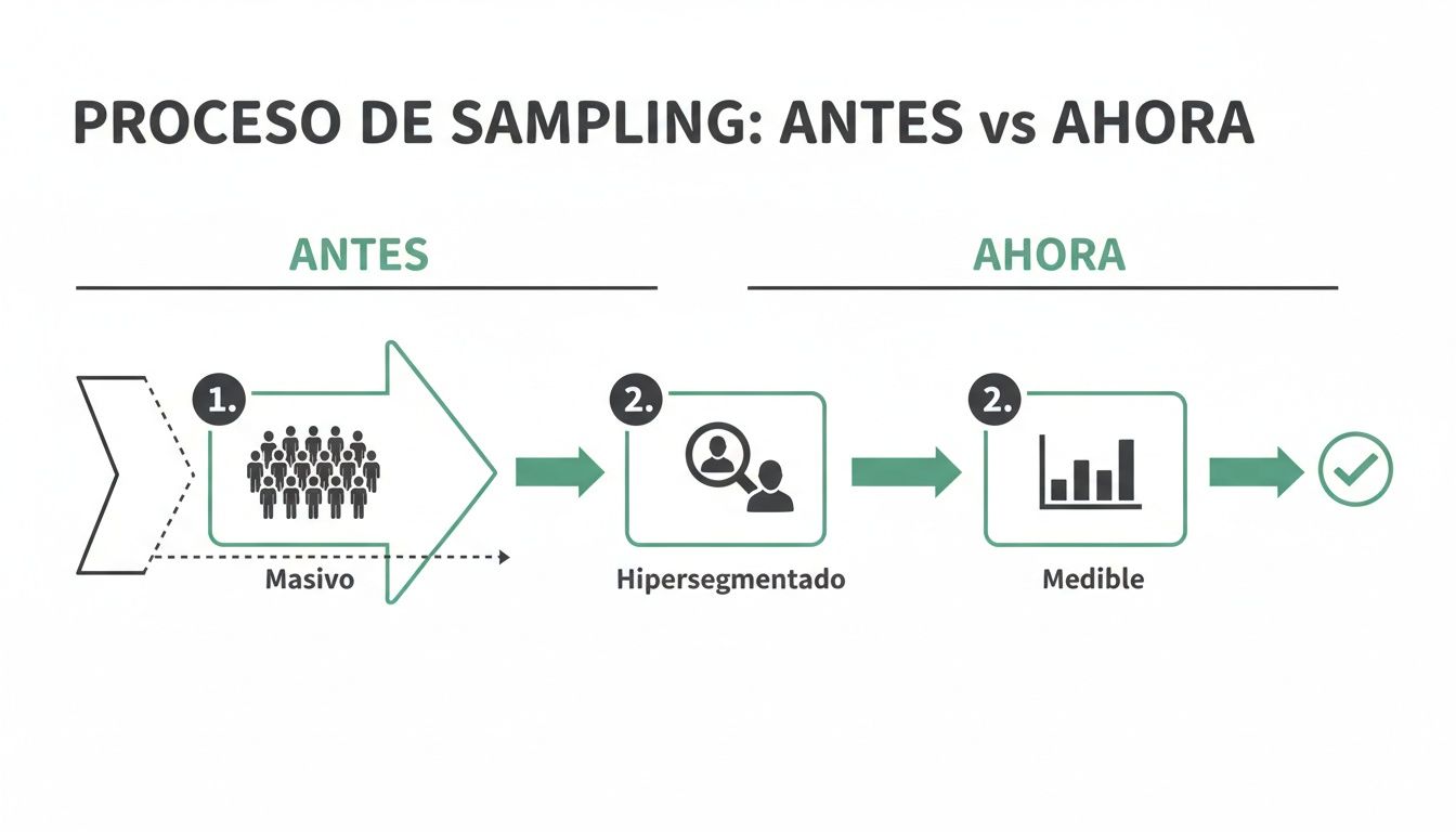 Diagrama comparando el proceso de sampling: antes (masivo) y ahora (hipersegmentado y medible).