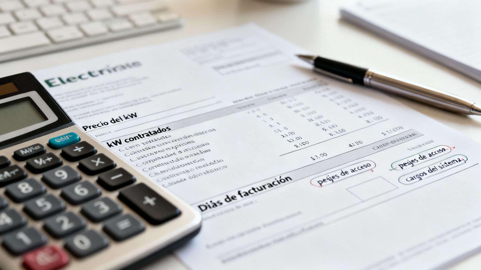 Calculadora, bolígrafo y documento con detalles de potencia eléctrica contratada y costes de acceso.