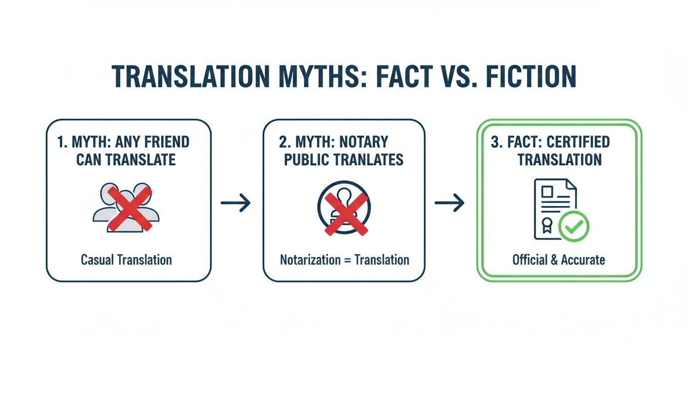 Infographic showing translation myths (casual, notary public) versus the fact of official certified translation.