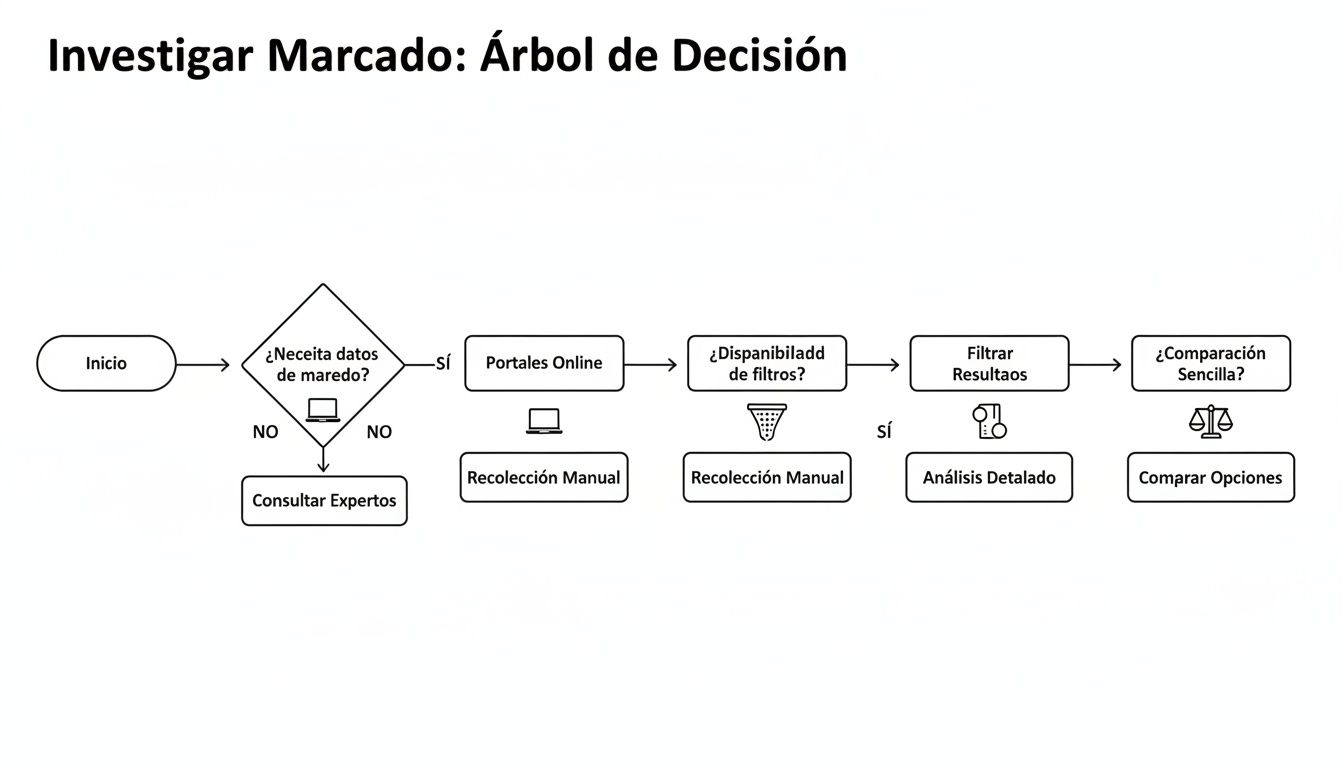 Flujograma de árbol de decisión para investigar el mercado, incluyendo recolección de datos y análisis.