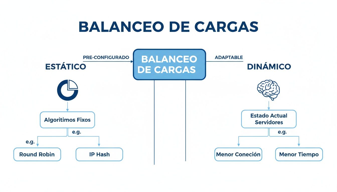 Diagrama explicando el balanceo de cargas estático y dinámico, con ejemplos de algoritmos y criterios de selección.