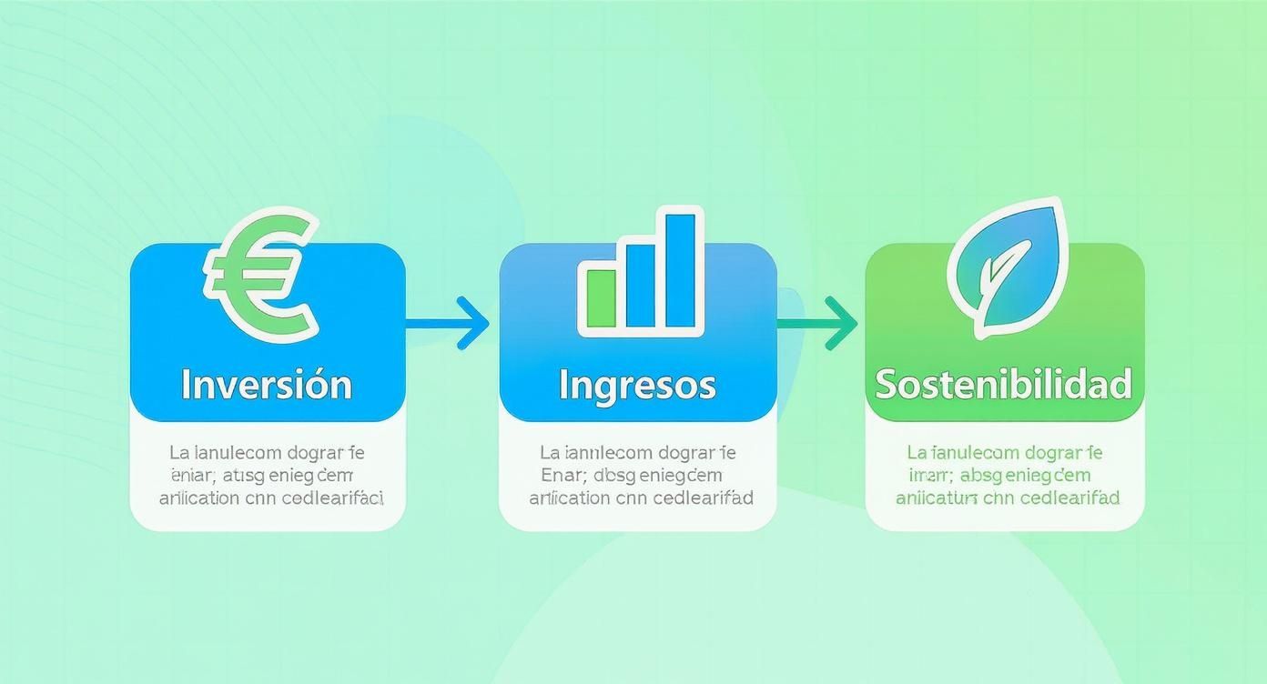 Infografía que ilustra el proceso de inversión, ingresos y sostenibilidad con iconos claros.