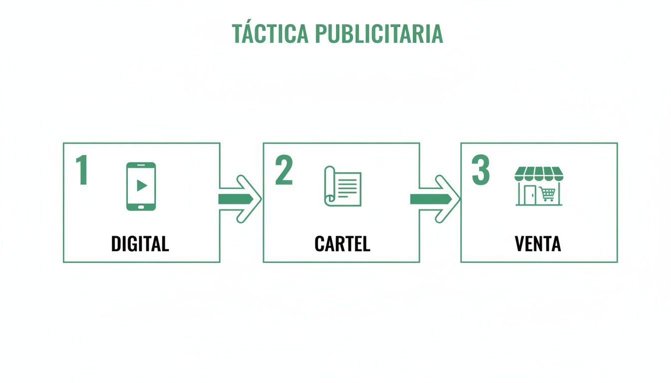 Diagrama de táctica publicitaria que muestra un flujo de publicidad digital a cartel y finalmente a venta.