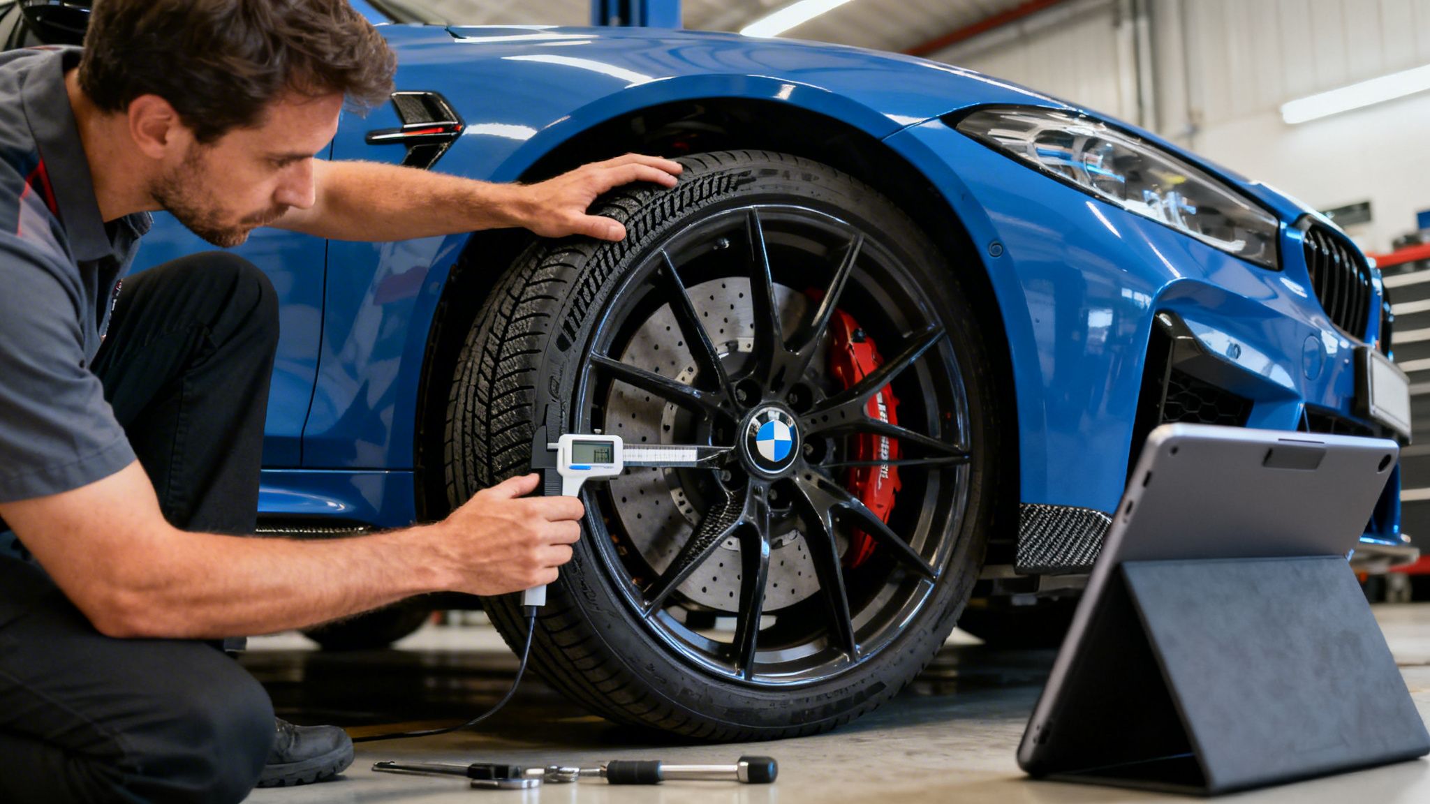 Mecánico inspeccionando la banda de rodadura del neumático de un BMW azul con un calibrador digital y una tablet.