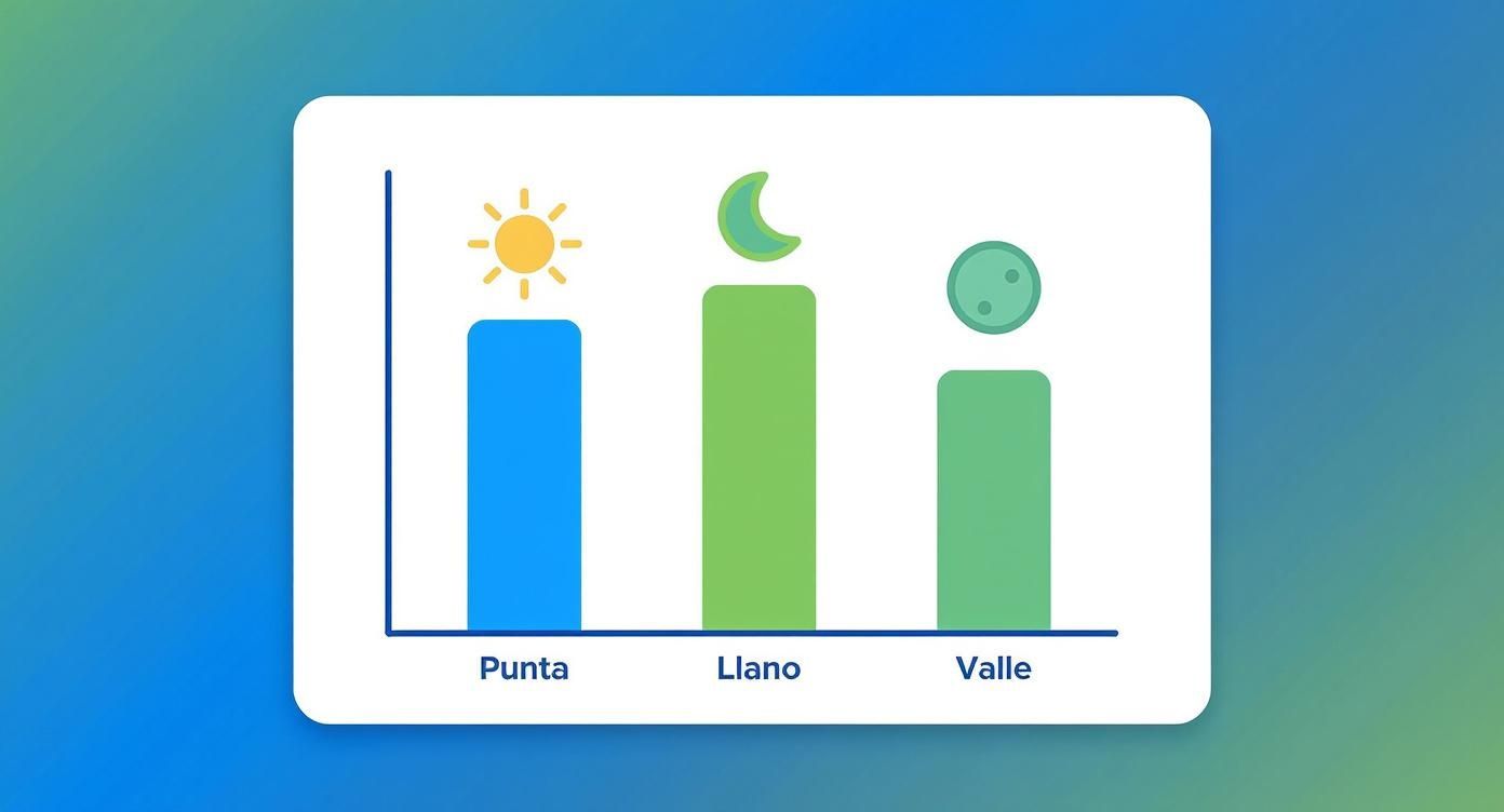 Gráfico de barras que compara las tarifas o consumo de energía en periodos Punta, Llano y Valle con iconos solares y lunares.