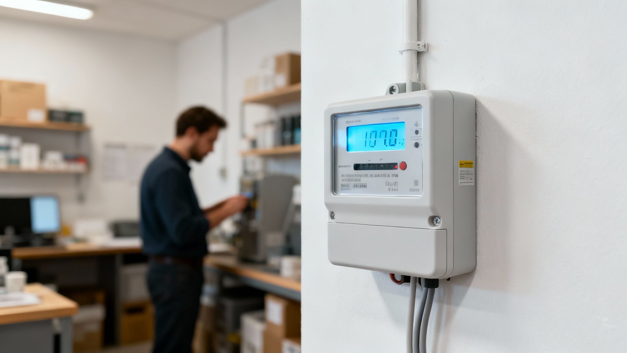 Contador de luz digital en la pared de un laboratorio, mostrando 107.0, con un técnico al fondo.