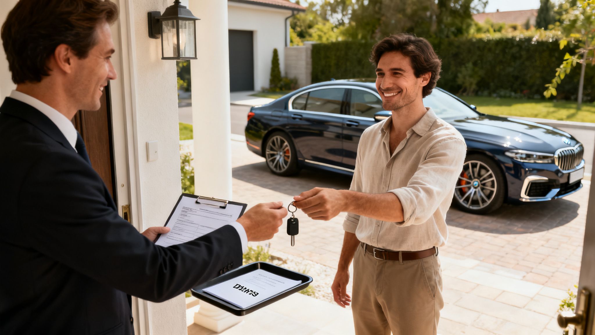 Hombre entrega llaves y documentos de un coche nuevo a cliente sonriente en su casa.