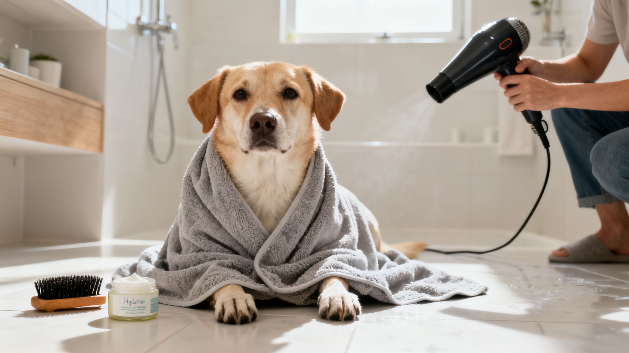 Perro golden retriever envuelto en una toalla gris siendo secado con secador de pelo en el baño.