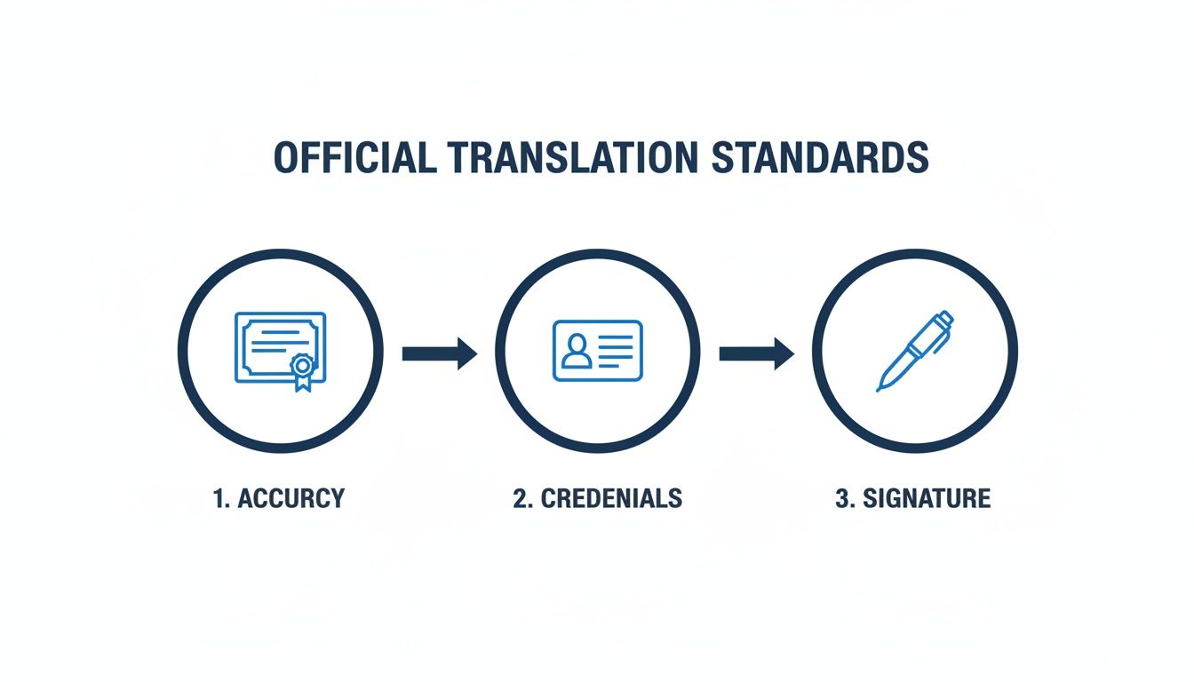 Diagram illustrating three official translation standards: accuracy, credentials, and signature requirements for documents.