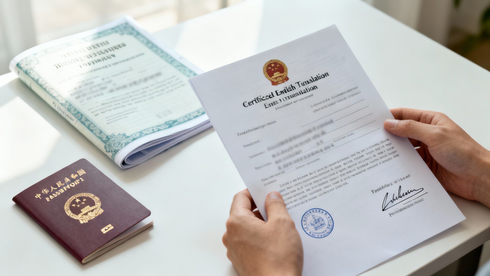 Hands hold a a certified English translation document next to a Chinese passport and other official papers.