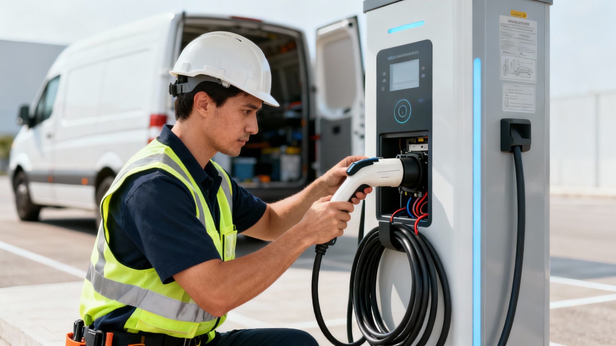 Técnico con casco y chaleco de seguridad instalando un cargador de coche eléctrico. Hay una furgoneta blanca detrás.