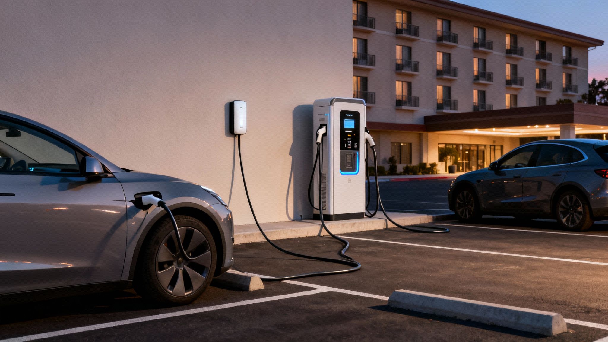 Dos coches eléctricos cargando en estaciones de carga en el estacionamiento de un hotel al anochecer.