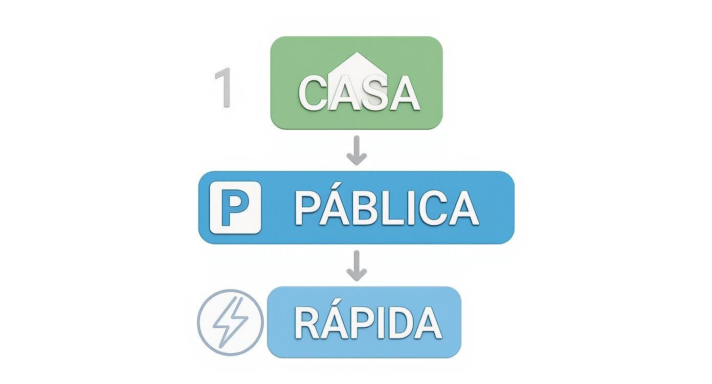 Diagrama que ilustra los tipos de recarga para coches eléctricos: en casa, pública y rápida.