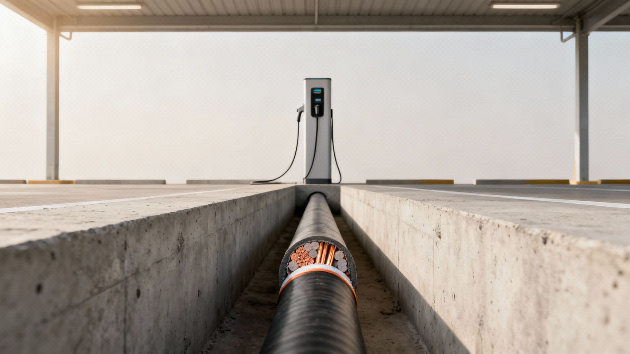 Gran cable eléctrico subterráneo expuesto que conduce a un moderno punto de carga de vehículos eléctricos.