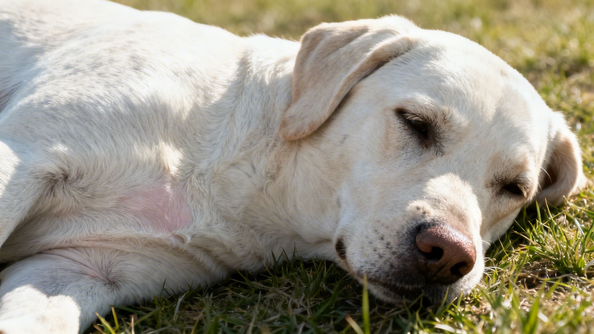 Un perro Labrador de color claro durmiendo profundamente sobre el pasto verde bajo el sol.