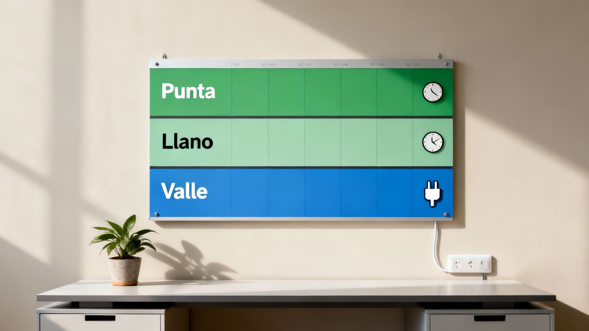 Un panel de horario de electricidad 'Punta, Llano, Valle' con relojes e icono de enchufe sobre un escritorio.