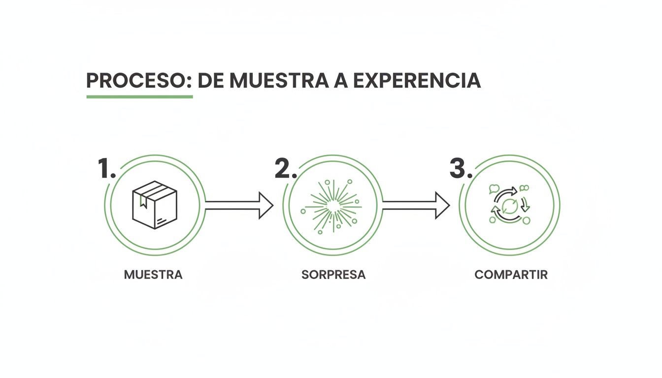 Proceso de tres pasos para transformar una muestra en una experiencia de sorpresa y compartirla.