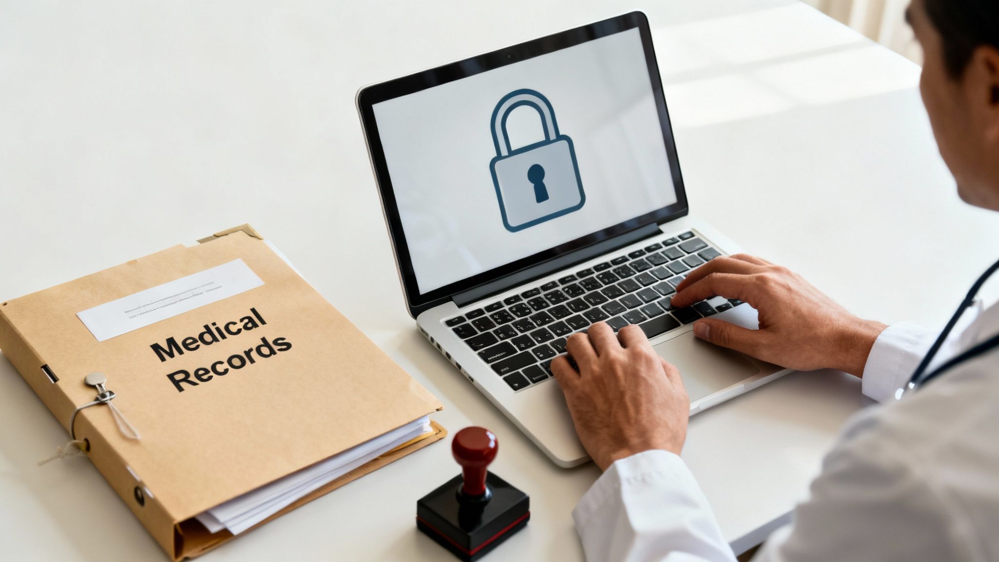 Medical professional typing on a laptop displaying a padlock icon, next to a folder labeled 'Medical Records', emphasizing data security.