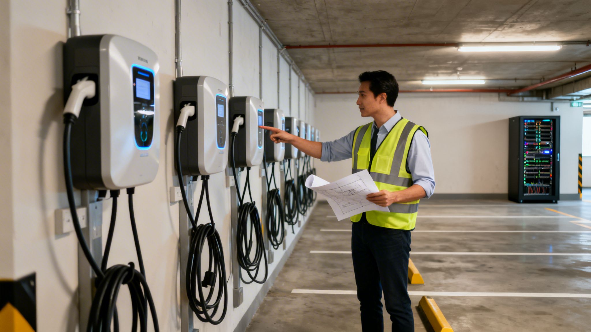 Ingeniero revisa cargadores de vehículos eléctricos en un estacionamiento subterráneo, sosteniendo planos.