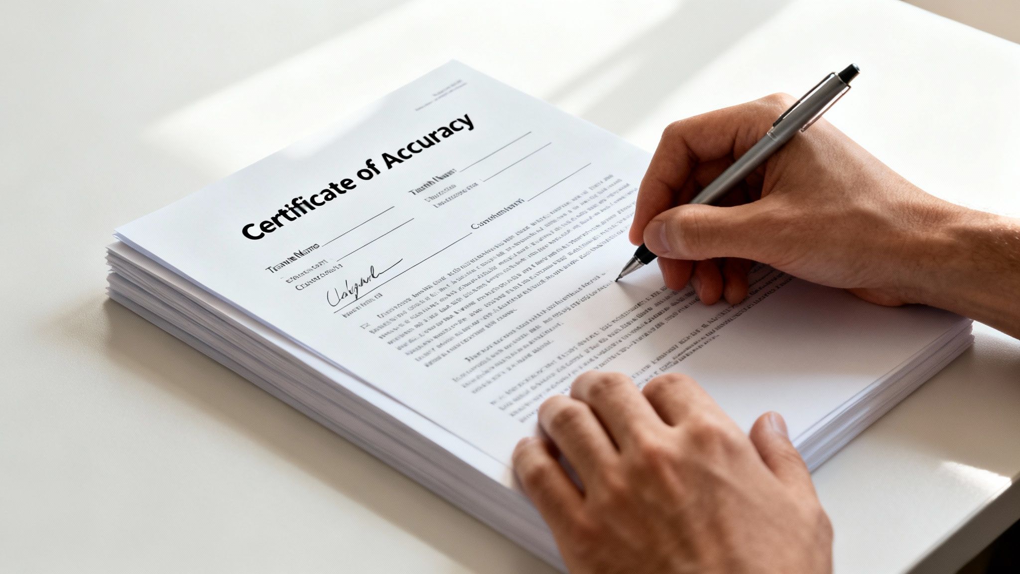 Close-up of hands signing a 'Certificate of Accuracy' document on a stack of papers, highlighting legal or official procedures.