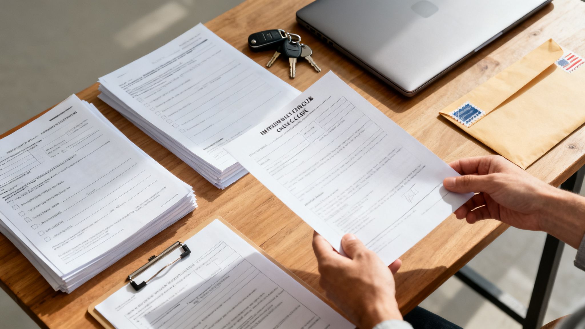 Manos sosteniendo un documento en un escritorio de madera lleno de papeleo, llaves y un portátil, preparando trámites.