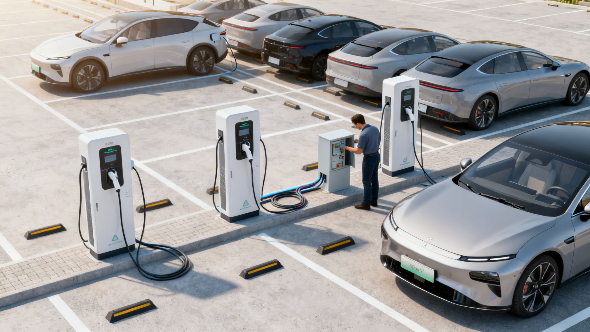 Coches eléctricos cargando en un estacionamiento exterior con varias estaciones de carga y un técnico.