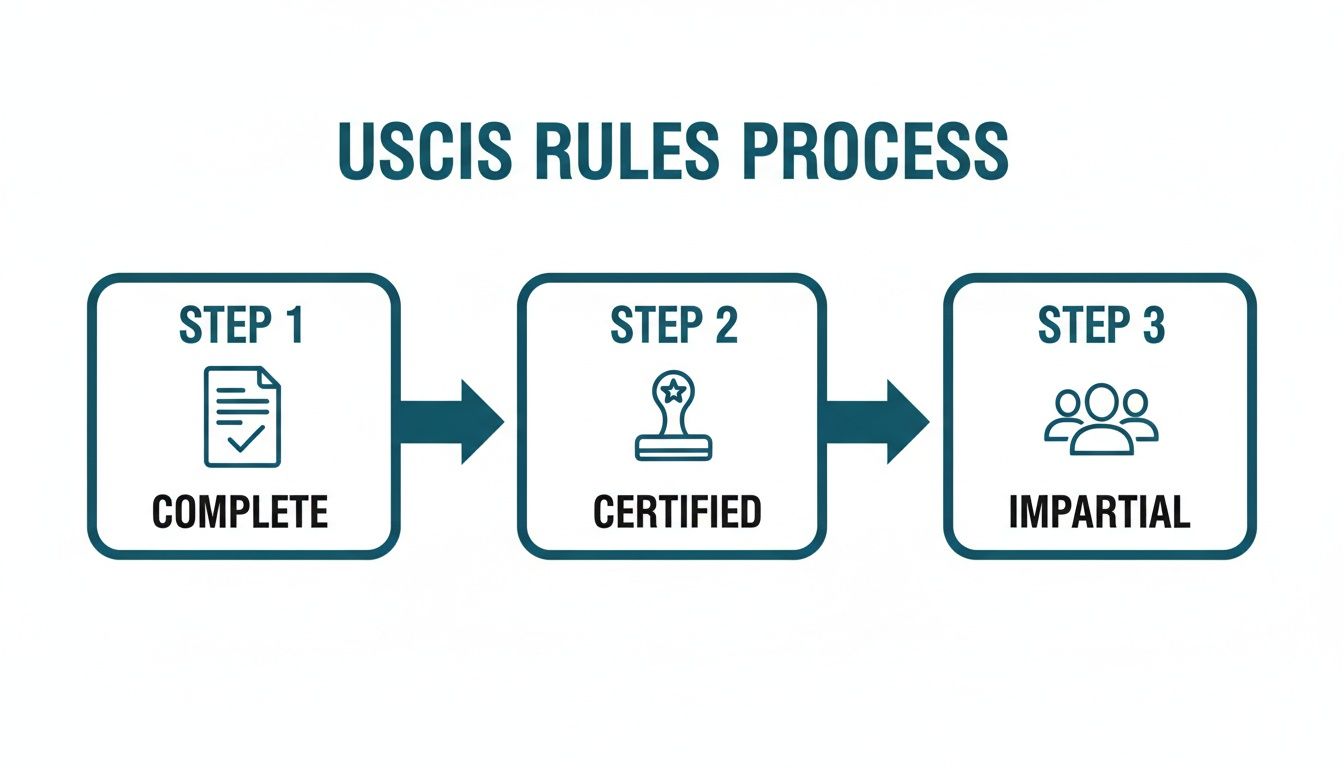 Flowchart showing the USCIS rules process with three steps: Complete, Certified, and Impartial.