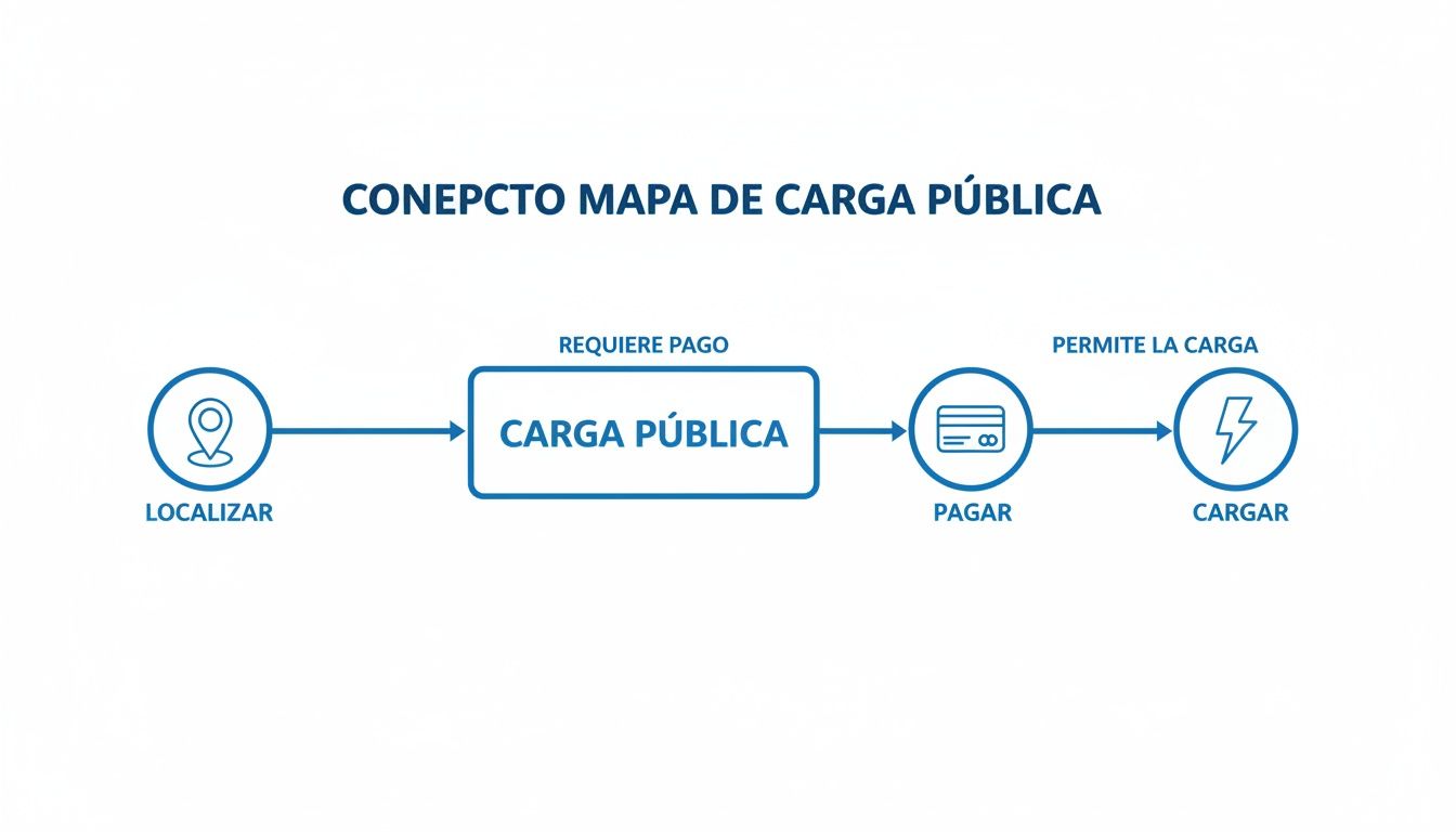 Diagrama de flujo que explica el proceso de carga pública para vehículos eléctricos: localizar, pagar y cargar.