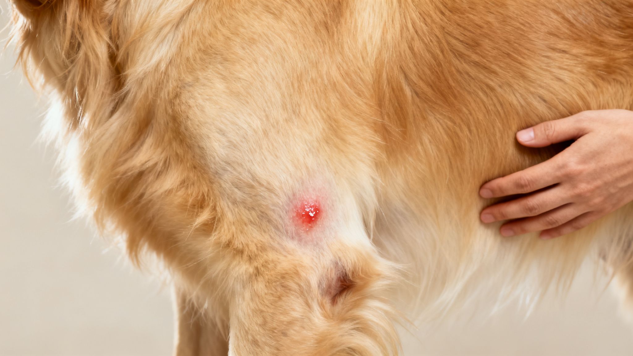 Una mano toca el pelaje de un golden retriever, revelando una irritación cutánea roja e inflamada.