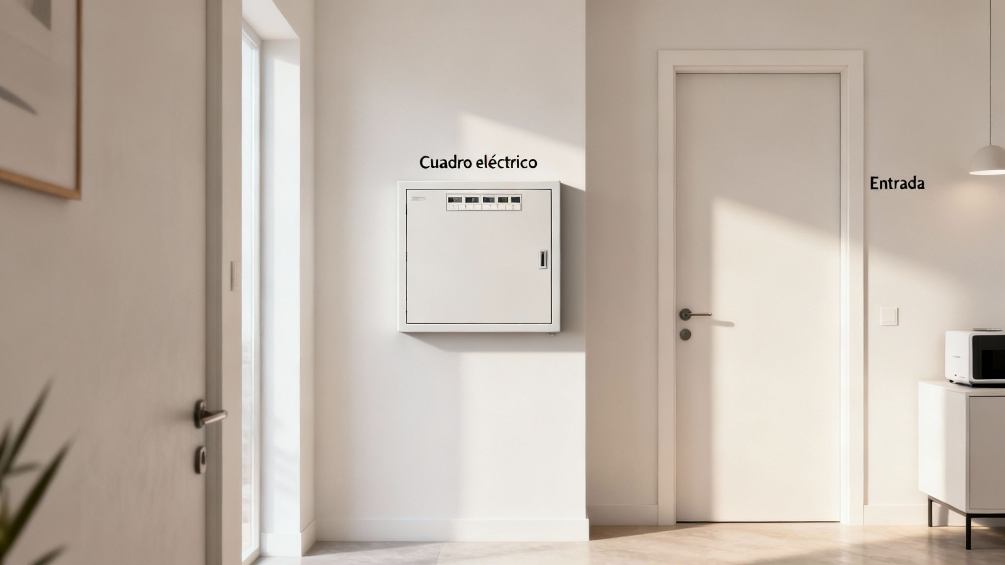 Cuadro eléctrico moderno en una pared blanca, entre dos puertas, iluminado por la luz del sol.